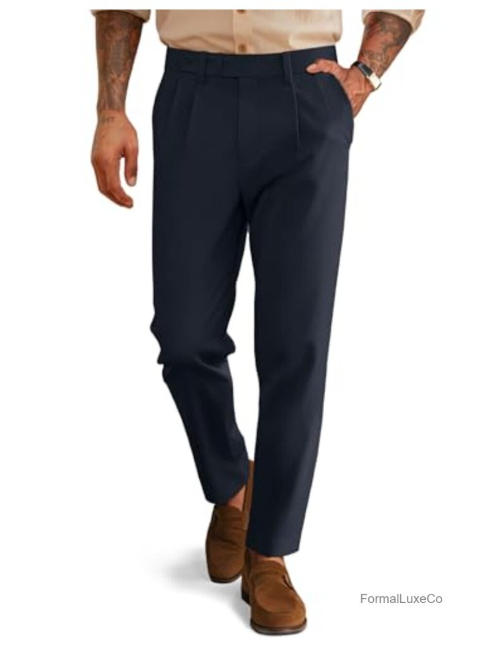 Mens Pleated Dress Pants Tapered Fit Casual Slacks Business Trousers